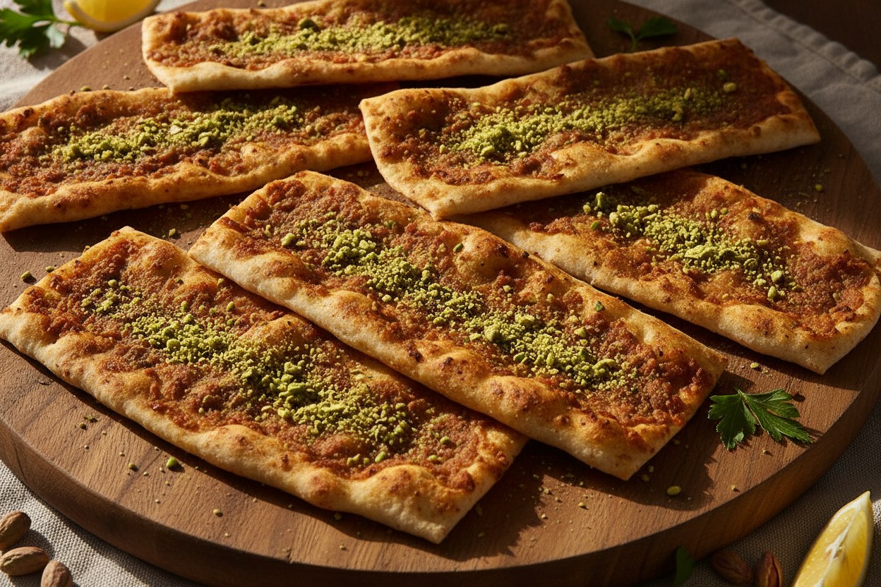 Antep fıstığı serpilmiş altı adet ince lahmacun