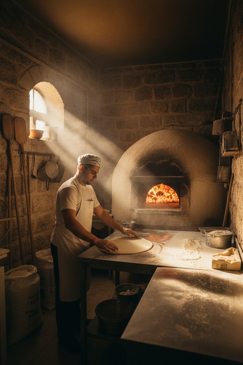 Köz Kutu mutfağında hamur açan usta ve taş fırın