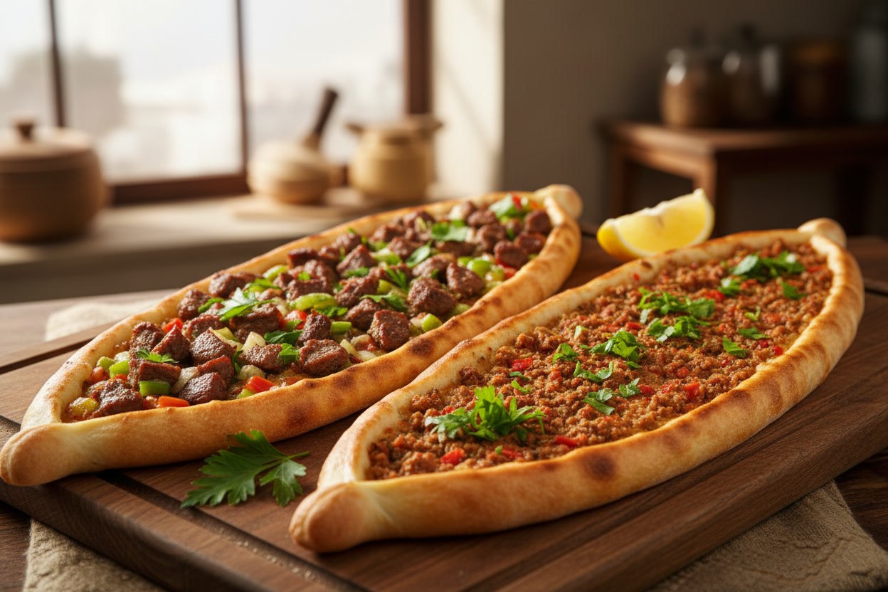 Kuşbaşı etli ve kıymalı uzun pideler